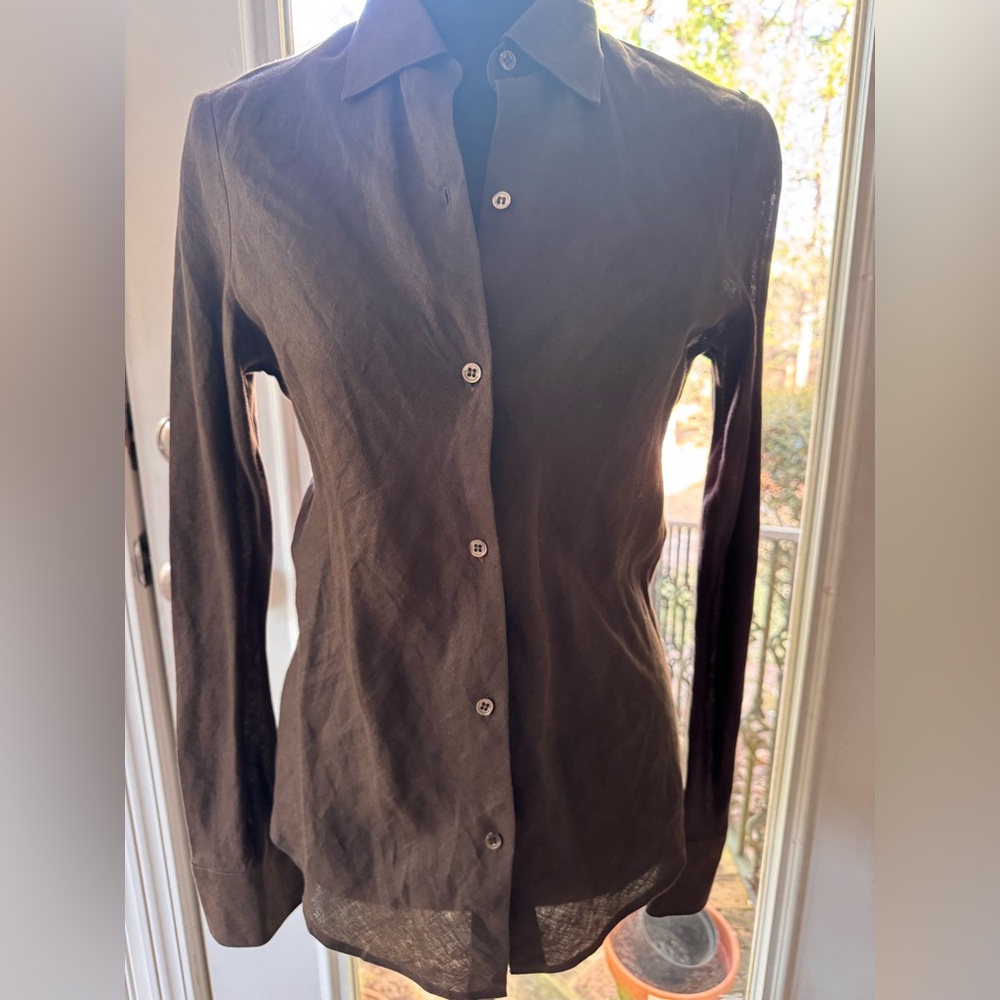 Brooks Brothers brown Irish linen long sleeve button up blouse size XS